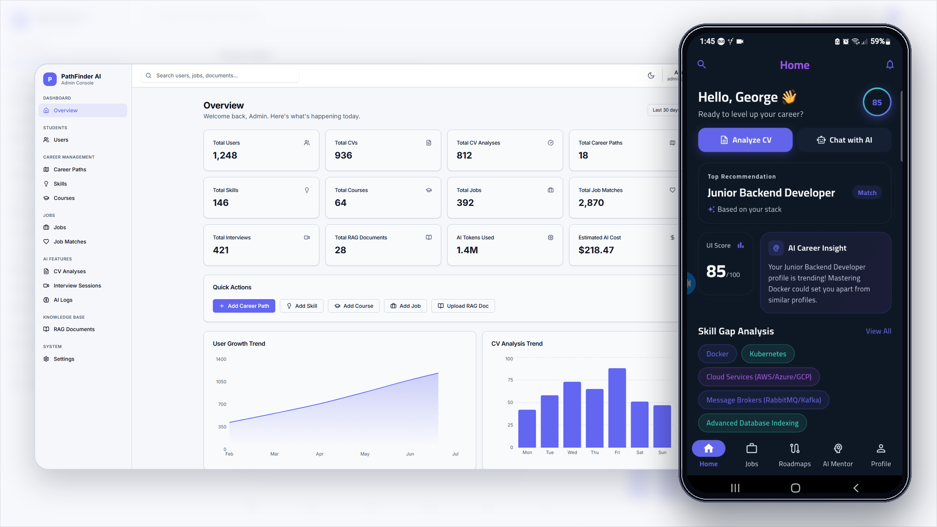 PathFinder AI web dashboard and mobile app preview